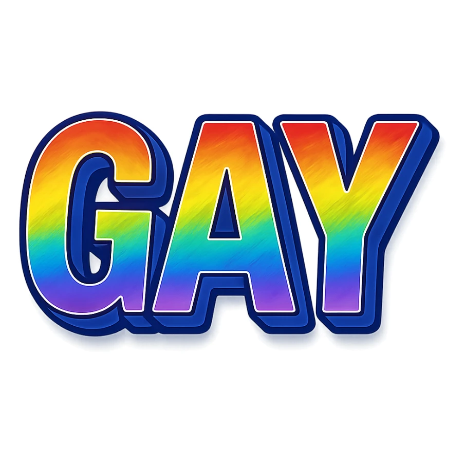 the word GAY in a bold 3D style with rainbow effects sticker