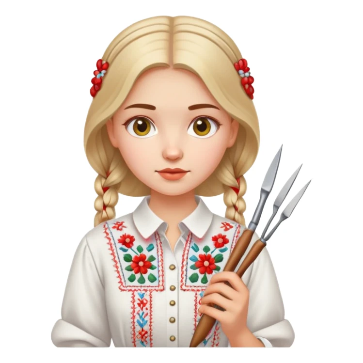 Ukrainian young girl in white embroidered traditional shirt holding needlework tools sticker