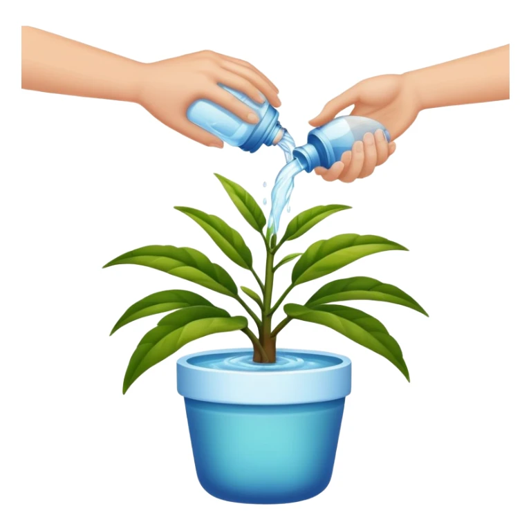 hands pouring water onto a potted plant, simple and friendly sticker