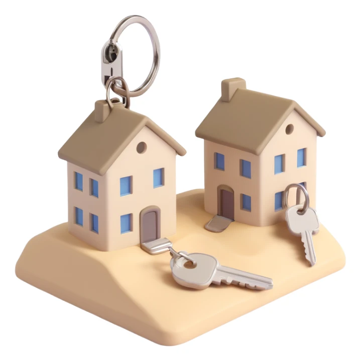 keychain with two keys, one khaki and one beige sand-gray, and a white house-shaped key fob, 3D Emoji style, soft shadows and highlights, transparent background, no decoration, angled view sticker