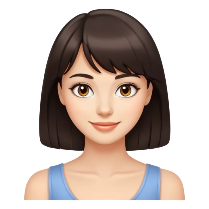 Attractive young woman with dark brown bangs and subtle makeup, confident smile sticker