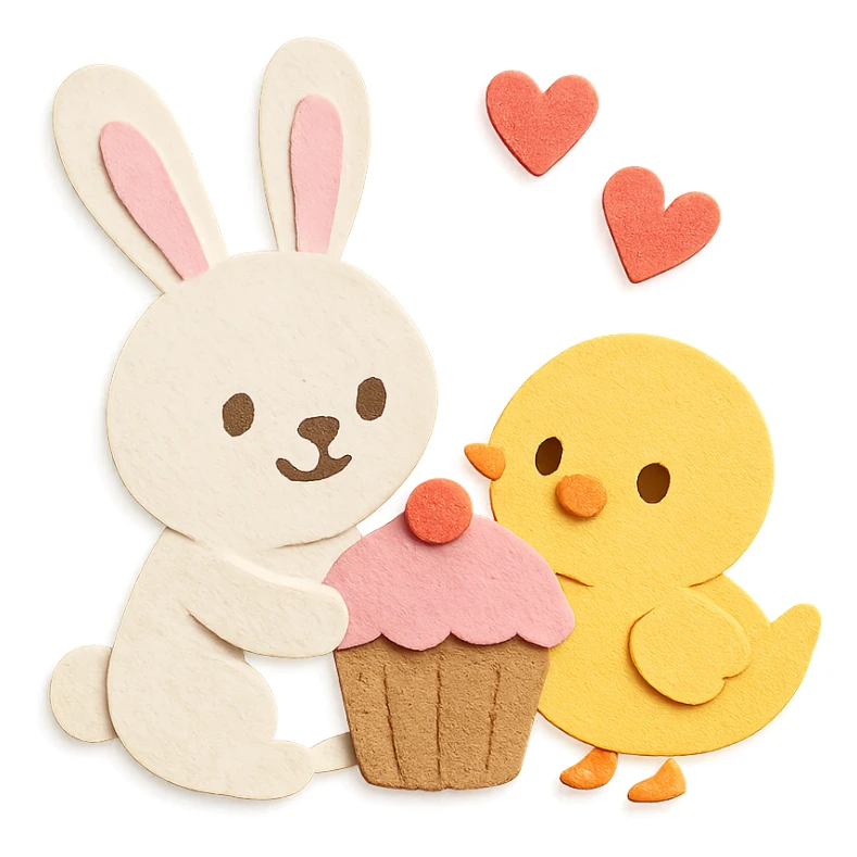 bunny and chick sharing cupcake with hearts floating, paper-craft style sticker