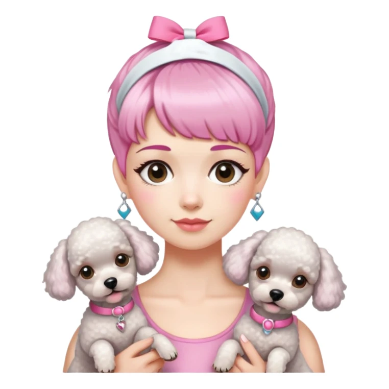 short pixie bangs platinated woman pink hair band，fair-skinned ,no earringsholding two poodles sticker