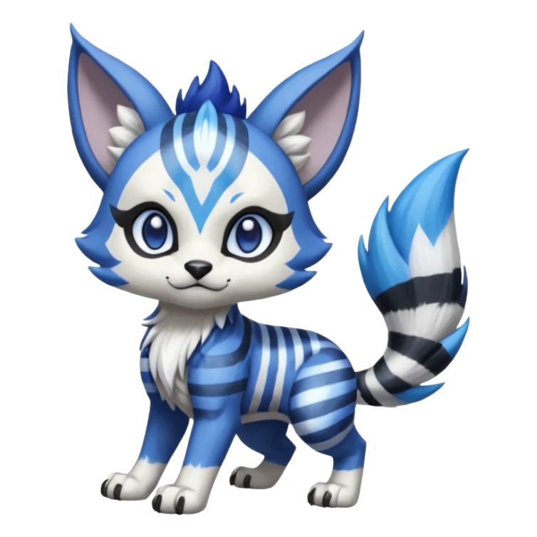 Black and white-striped Colorful Skilled Adept Graceful Asian Painted WereGarurumon-Meloetta-Obstagoon-Furret-fusion-hybrid-creature (full body) with cobalt-sapphire-blue rings around eyes, tufted lynx ears sticker