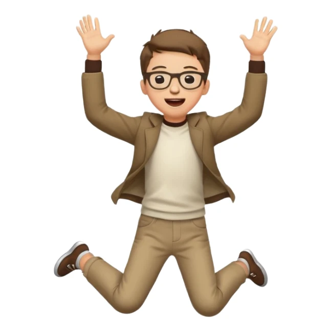 Very excited boy, jumping for joy, full body, eyes closed, wearing glasses sticker