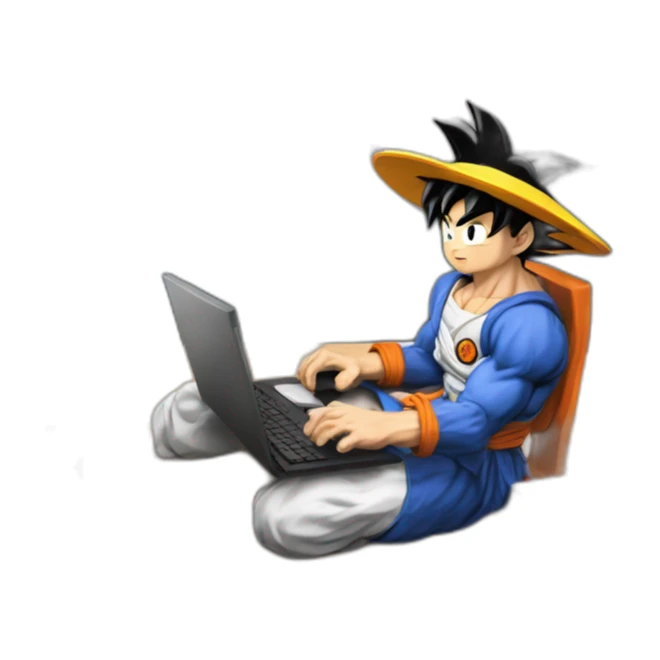 Goku sitting on his desk coding with the Rockies mountain in the background sticker