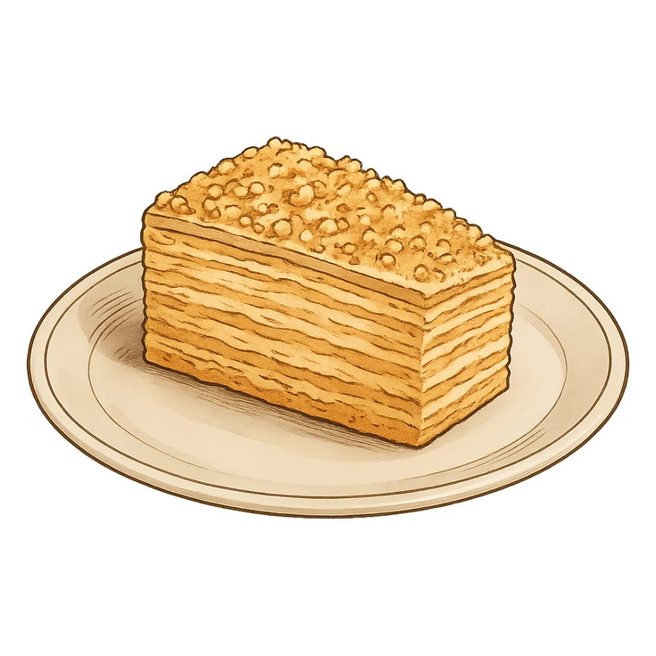 Используя такую стилистику сгенерируй тарелку, на которой лежит кусок торта Наполеон, прозрачный фон sticker