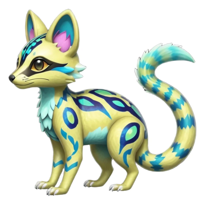 Rare realistic neon-colored iridescent shiny warm-colored lush tropical exotic cute epic pretty beautiful handsome gorgeous aesthetic colorful vibrant Vernid-Protogen-Primagen-Wickerbeast-Genet-Trico-species-Fakemon-hybrid-creature by LiLaiRa, beautiful intricate markings, full body sticker