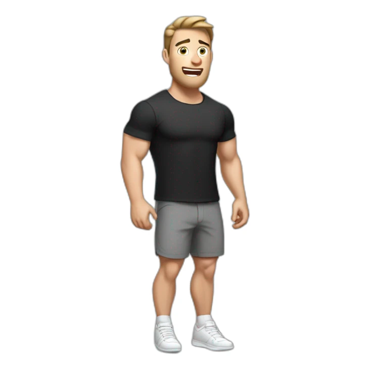 amazed Open with surprise mouth Pale skinned Fit Man With the biceps and dark brown hair in black shirt, gray sports shorts and white Sneakers sticker