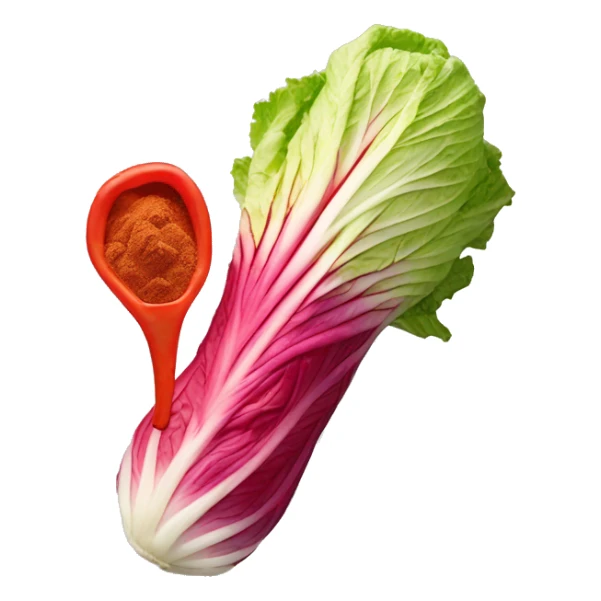 One red colored napa cabbage, red pepper powder on it sticker