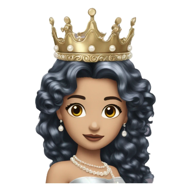 Regal pretty woman defined cheekbones crown vintage with very long iridescent black and silver hair wavy black hair pearl crown iridescent sticker