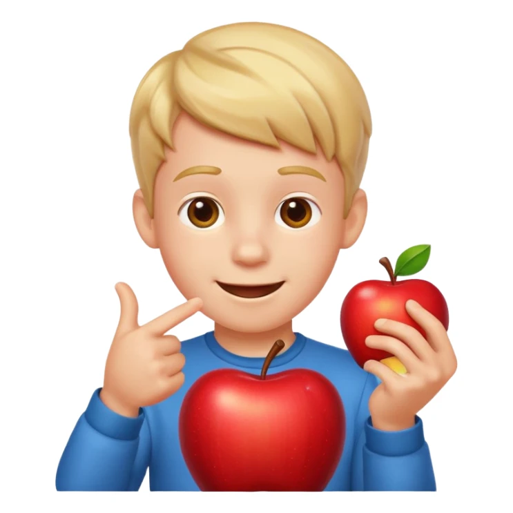 a boy pointing down at his toy, cheerful expression, apple style emoji sticker