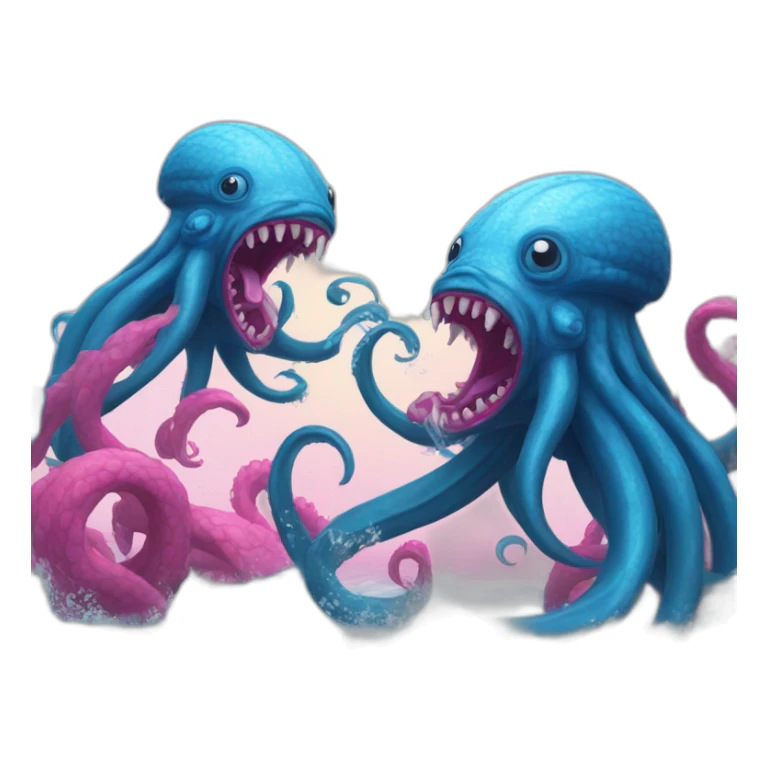 a blue kraken fighting  with another pink kraken sticker