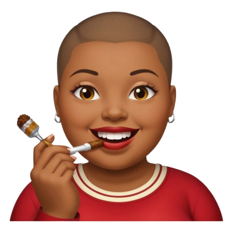 Fat black woman with buzz cut and chewing tobacco sticker