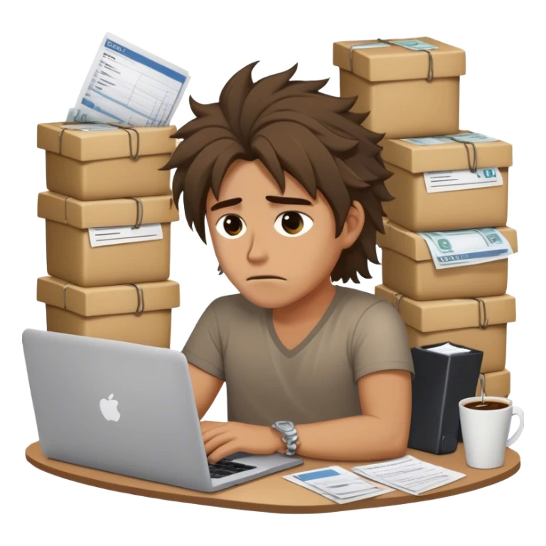 Create an emoji of an exhausted entrepreneur chained to their laptop, with stacks of invoices around them. They have tired eyes, messy hair, and a cold coffee next to them, symbolizing endless work without real progress. sticker