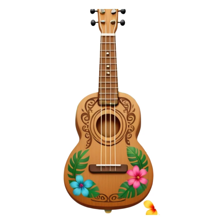 Ukulele with Polynesian carvings with flowers blooming behind it sticker