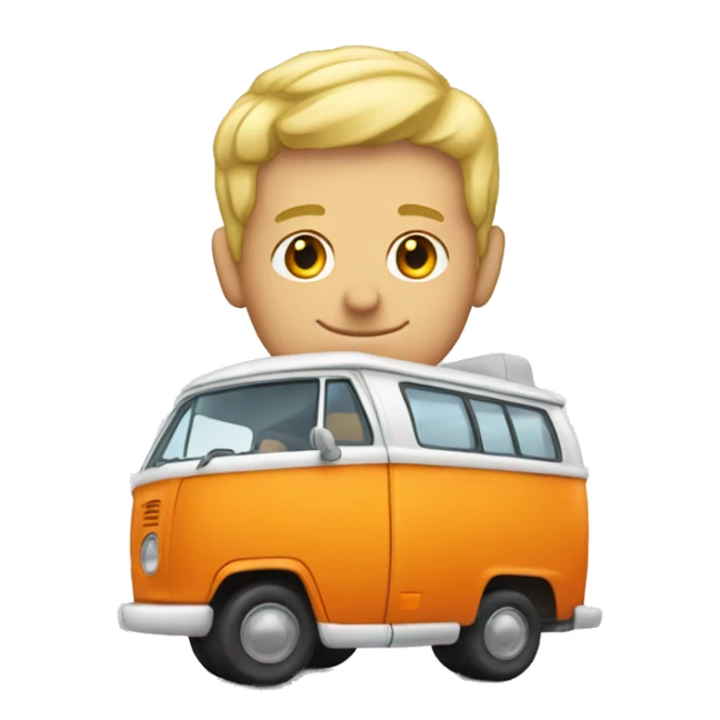 young blond man standing in front of orange campervan sticker