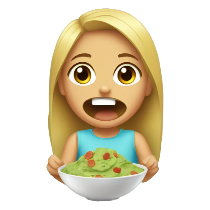 young girl eating guacamole with chips with a silly face sticker
