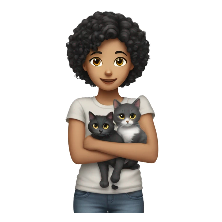 Girl with black curly hair and  gray cat sticker