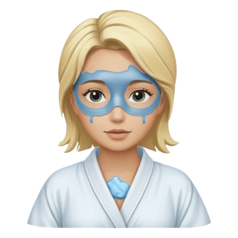 Blonde wearing a white spa robe with a blue mud mask on sticker