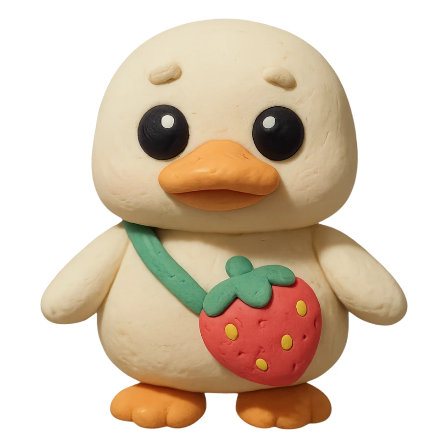 cute white duck with a strawberry-shaped shoulder bag, kawaii 3D clay style, pastel colors, big shiny eyes, soft lighting, chibi aesthetic sticker