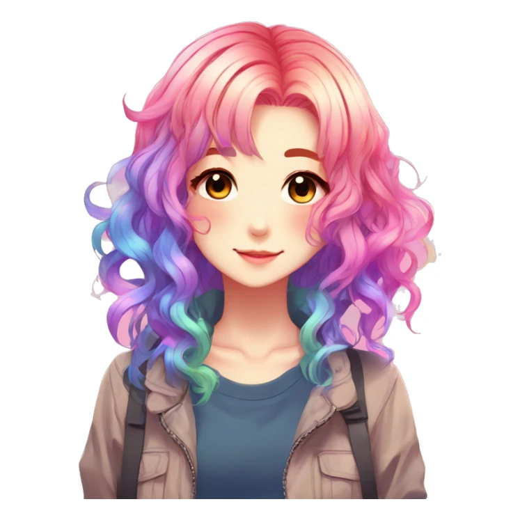 Gorgeous anime style shojo character with blushing face aesthetic and pretty colorful shiny gradient neon rainbow hair with hair garment trending style sticker