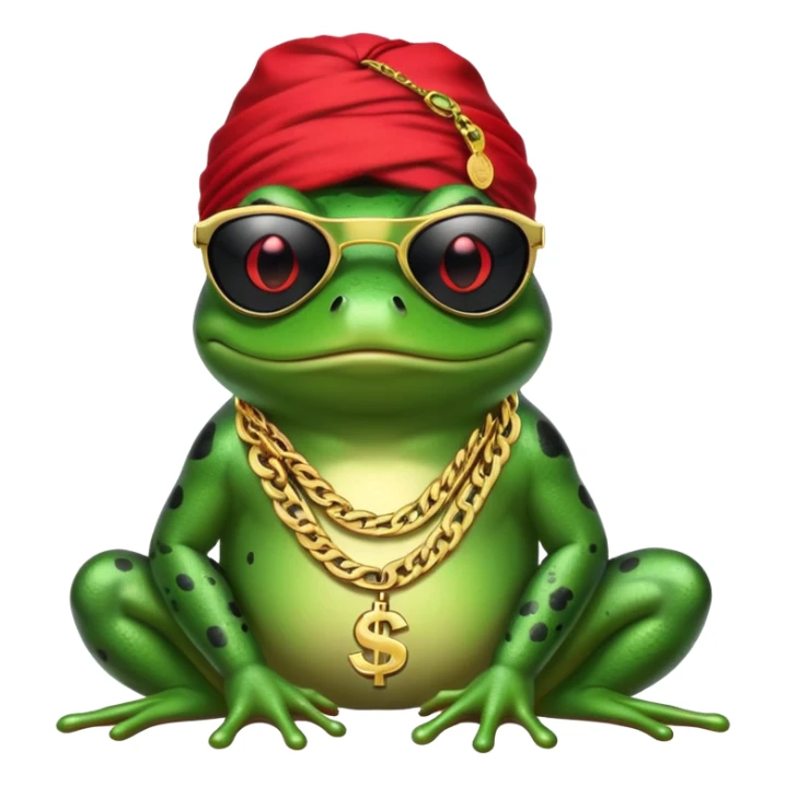 thug life frog wearing black sunglasses, gold chain, bandana, dollar sign bling sticker