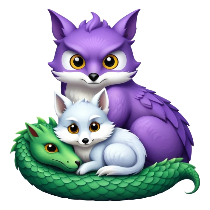 Purple owl curled up with a green dragon and a white fox sticker