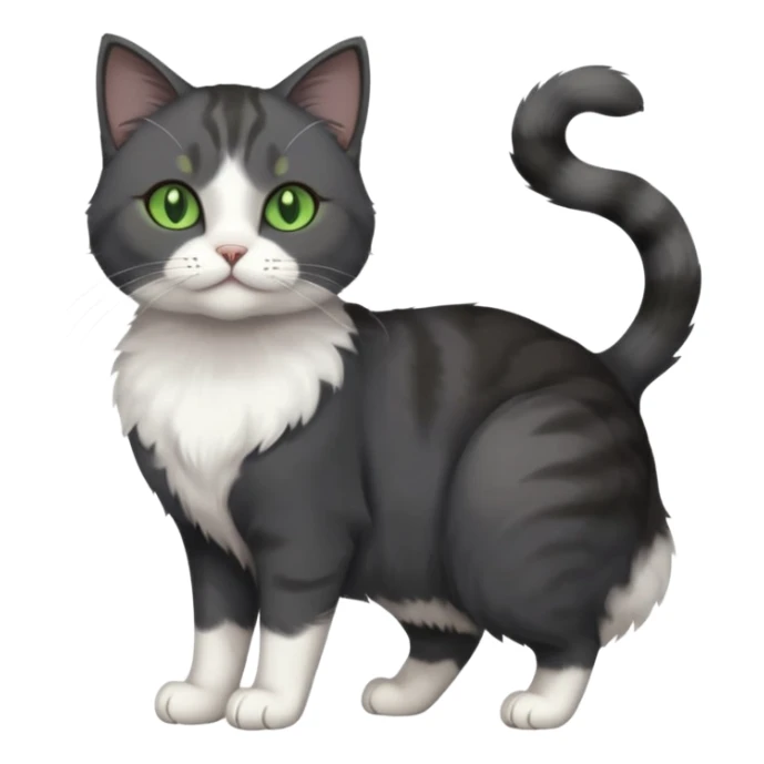 full body view of beautiful female solid dark grey cat with green eyes, white toes/paws and white patch on her chest sticker