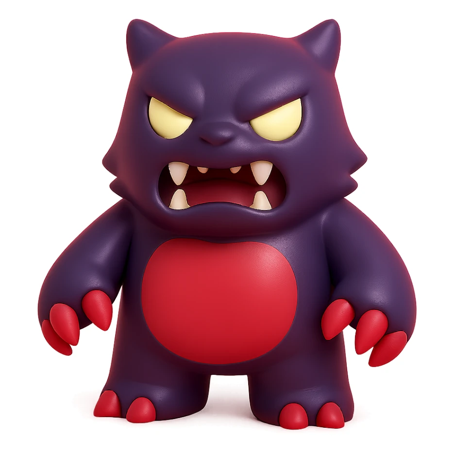 angry monster with sharp claws, glowing eyes, fierce snarl, dark purple and red palette sticker