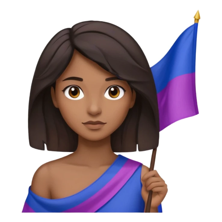 eu com a bandeira bissexual, sou morena, com cabelos negros que vão até a altura dos ombros levemente ondulados, olhos castanhos, sticker