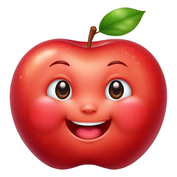 Cute Kawaii Apple, round and plump, bright shiny red with a tiny green leaf, chubby cheeks, sparkling eyes, a happy smile, soft glowing highlights, radiating fresh sweetness! sticker