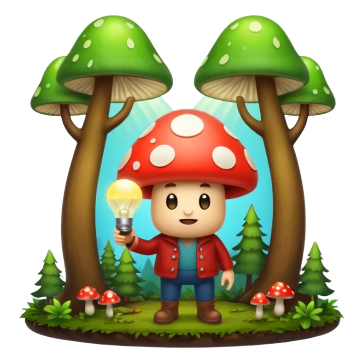 forest character with glowing lightbulb mushroom idea moment sticker