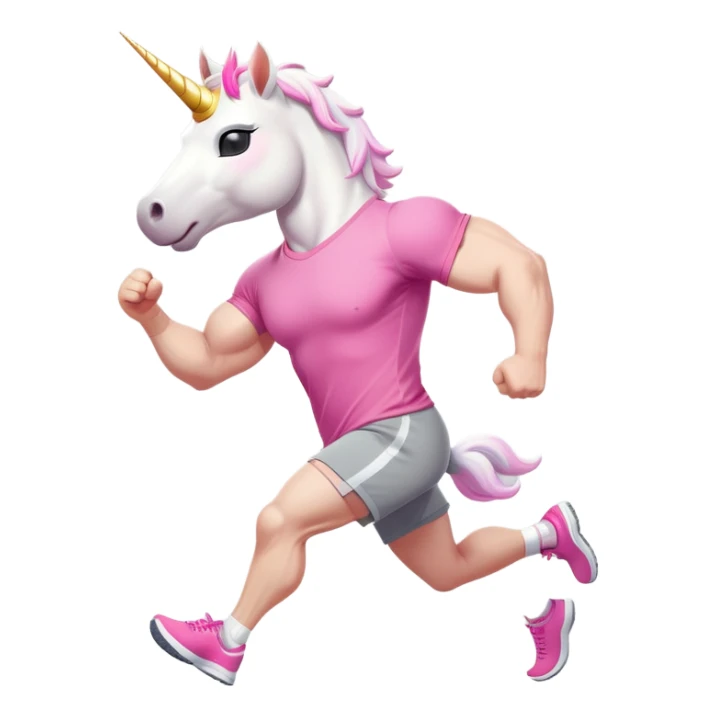 friendly anthropomorphised male white unicorn with a fit, chunky, muscular and strong physique, arms and legs matching the white of the head, in grey shorts and pink t-shirt, wearing dark sunglasses, jogging upright in a standard pose sticker
