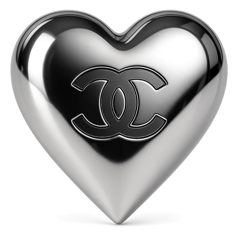 Chanel heart, shiny metallic, black and white, with a subtle Chanel logo sticker