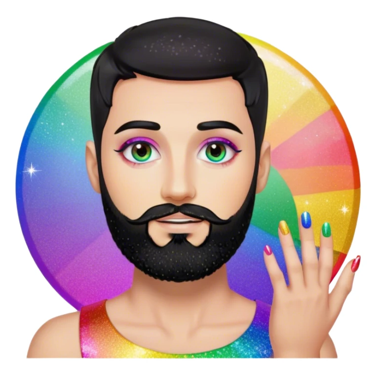 White man with black short hair and black short circle beard, very gay very glitter very rainbow add nail polish and makeup and lashes sticker