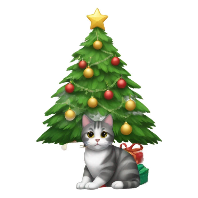 Cat sitting under a Christmas tree with presents under it sticker