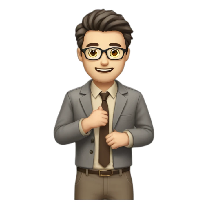 To belt Actively gesturing with hands Pale skinned fit man teacher with dark brown hair in gray jacket, beige office shirt, brown tie, brown pants and vintage glasses. sticker