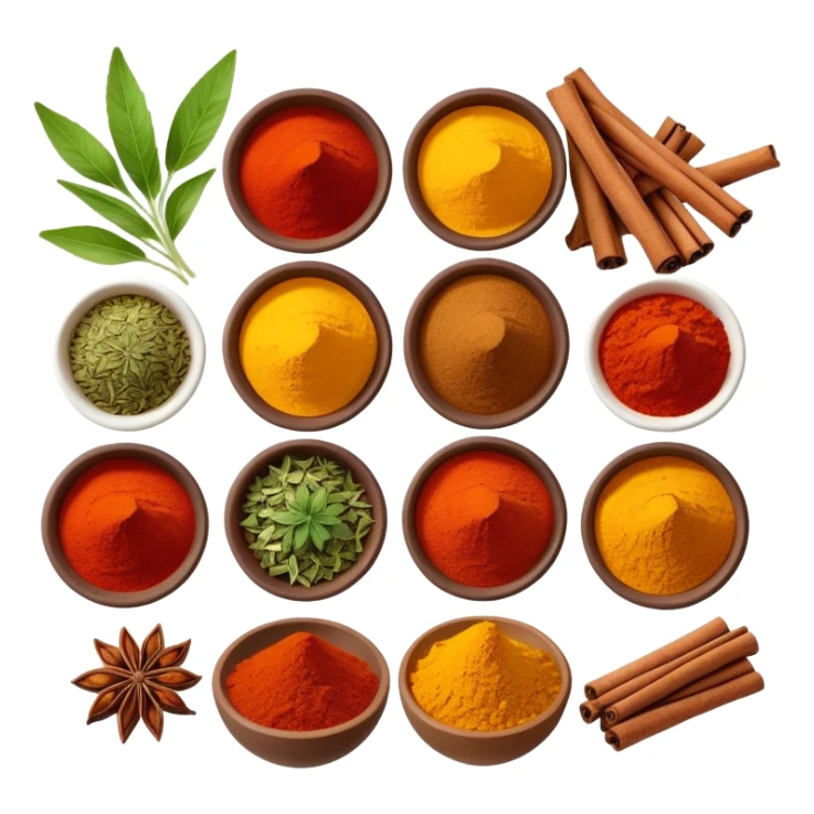Assorted colorful spices in small bowls, including red paprika, yellow turmeric, green herbs, and brown cinnamon sticks sticker