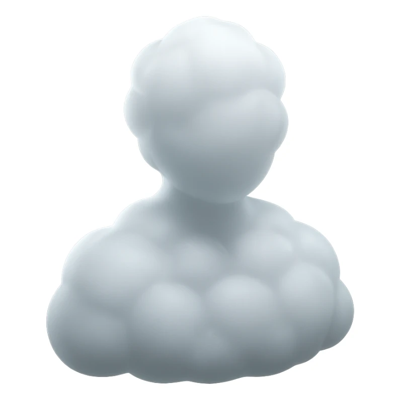 front view of a person composed entirely of white fluffy convex clouds, shoulders visible, matte glass style sticker