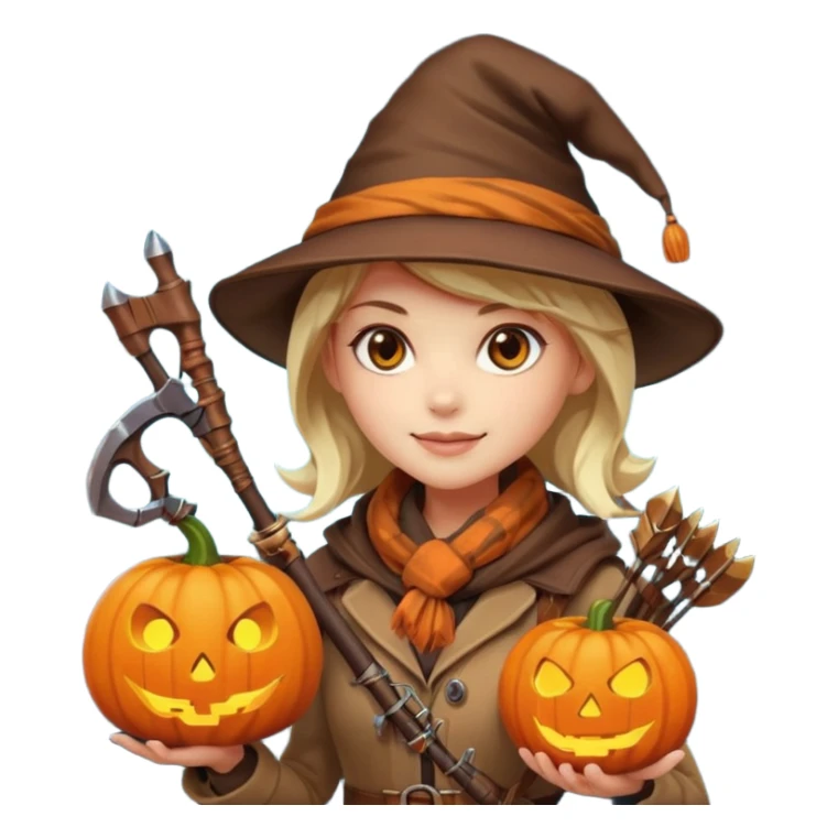 female human monster hunter emoji, wearing brown coat and hat, holding crossbow, soft smile, scarf, glowing pumpkin by her side, Halloween fantasy style, clean vector Apple emoji look, bright colors, white background, square sticker