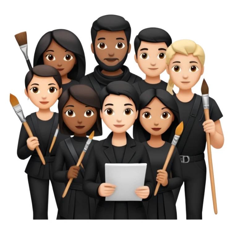 Group of creative people in black outfits, holding paintbrushes, scripts, or tools – theatrical, collaborative vibe sticker