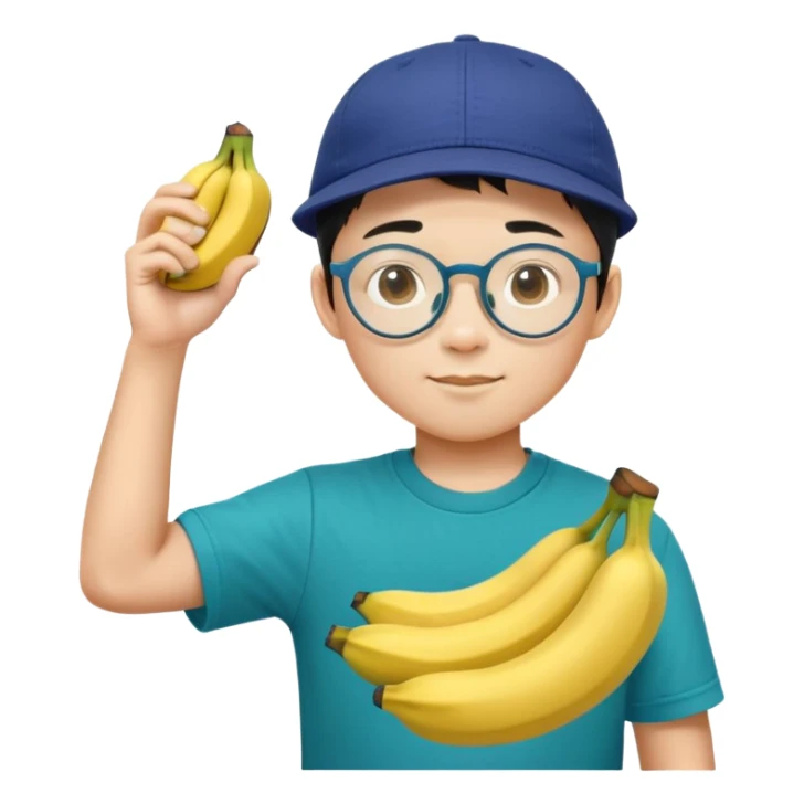 An Asian boy with circular glasses, a dark blue ball cap won backwards, a teal tee shirt, and an arm full of bananas sticker