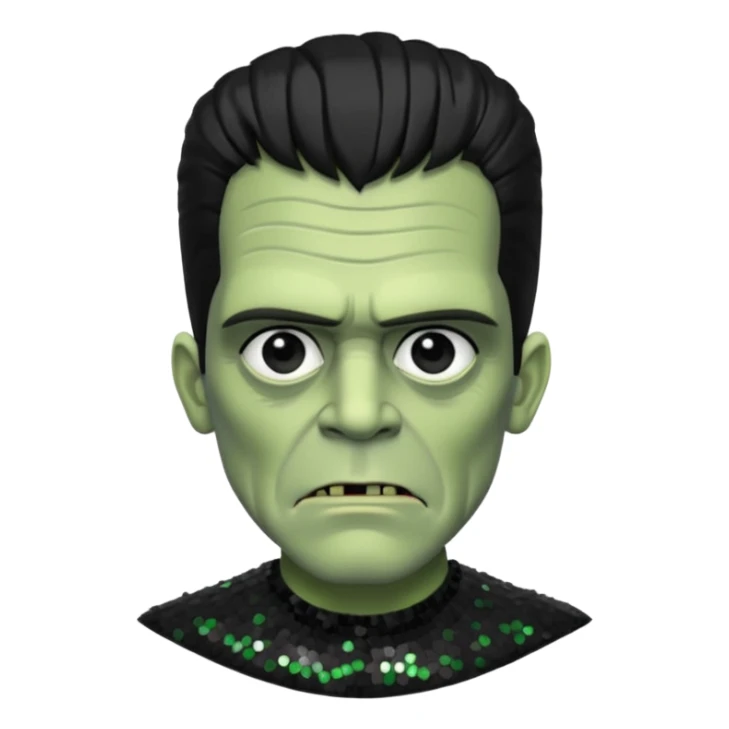 Frankenstein from Universal Monsters with grey green skin, jet black hair, black sequin outfit  sticker