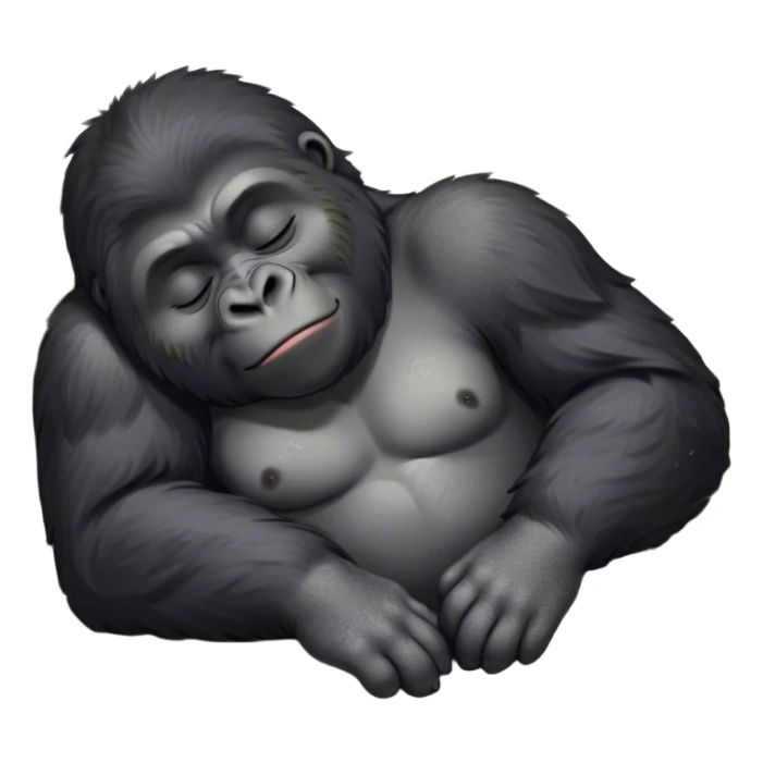 Meme-Worthy cute Sleeping mountain Gorilla Portrait Emoji, Head resting peacefully with a contented smile, showcasing a luxuriously thick black and grey-flecked Fur and eyes gently closed in serene slumber, Simplified yet hilariously adorable features, highly detailed, glowing with a soft, drowsy jungle light, high shine, relaxed and utterly lovable, stylized with an air of playful laziness, bright and heartwarming, soft glowing outline, capturing the essence of a sleeping mountain that feels destined to become the next viral sensation of adorable rest! sticker