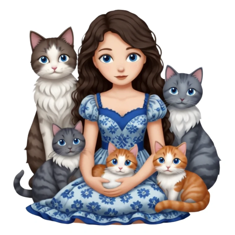 detailed realistic looking a dark grey and white cat regally sitting with six other cats, cuddling with their owner who is a pretty bratz lightly tanned white girl with long dark brown hair, blue eyes and gorgeous long wavy hair wearing a pretty detailed dress sticker
