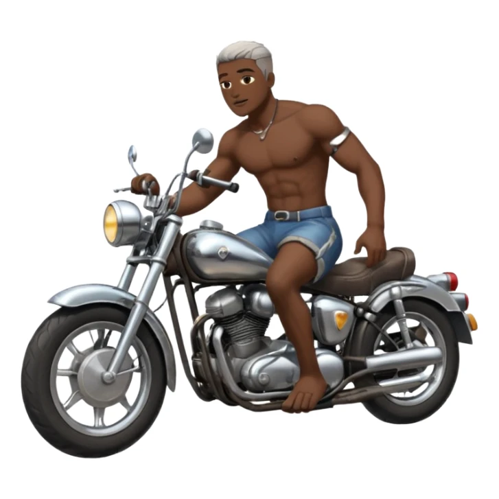 Black big men without shirt riding an old small motorcycle sticker