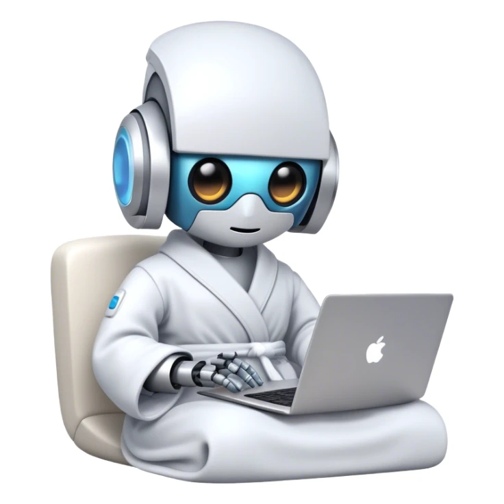 Emoji of a remote-working robot in a cozy smooth bathrobe with a laptop. The robot has a sleek helmet-like head with LED digital eyes. Relaxed yet high-tech vibe. sticker