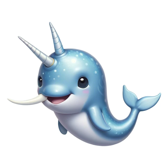 Cinematic Cute Narwhal Portrait Emoji, Head tilted playfully and inquisitively, showcasing a sleek, streamlined body with subtly iridescent, mottled gray skin and a prominently spiraled ivory tusk, complemented by round, sparkling eyes full of gentle wonder, Simplified yet irresistibly adorable features, highly detailed, glowing with a warm, friendly arctic glow, high shine, affectionate and lively, stylized with a touch of whimsical marine charm, soft glowing outline, capturing the essence of a mischievous yet loving narwhal that seems as if it could frolic out of the screen into your heart! sticker