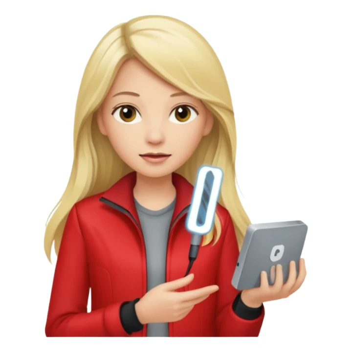 mujer  joven rubia con pelo largo y saco rojo con modem de internet sticker